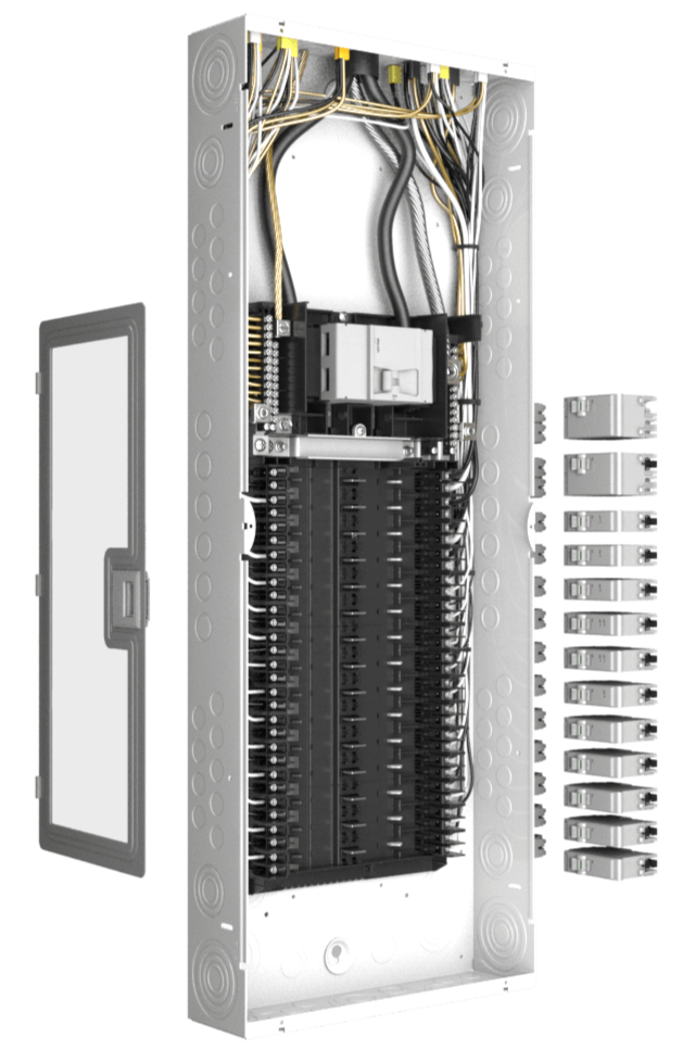Leviton load center product illustration showing its panel and breakers