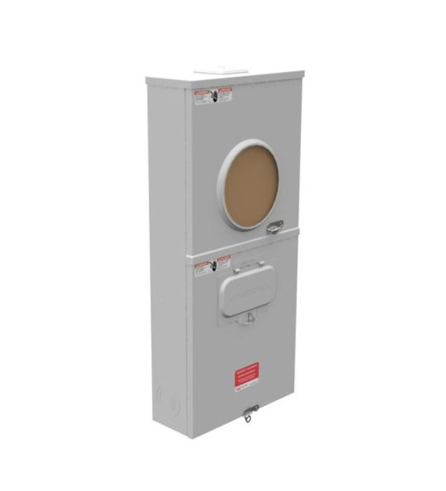 Product illustration of a meter-main enclosure with covers installed